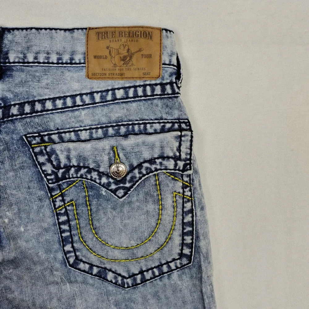 True Religion Straight Leg Jeans Acid Wash Blue Cotton Mens 34 RN112790 CA57414